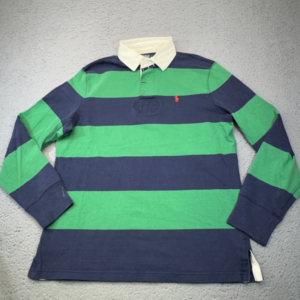 Polo Ralph Lauren Iconic Rugby Shirt Mens Medium Navy Green Striped Long Sleeve